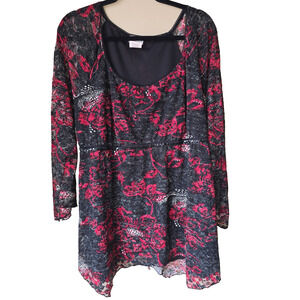 Vintage Floral Tunic Top 30 / 32 4X Flare Sleeve Dark Romantic Black Red Sheer
